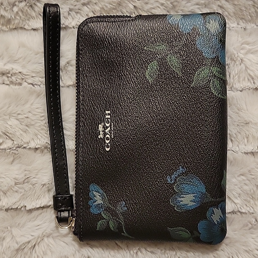 Coach Black Pebbled Wristlet with Blue Floral Accents